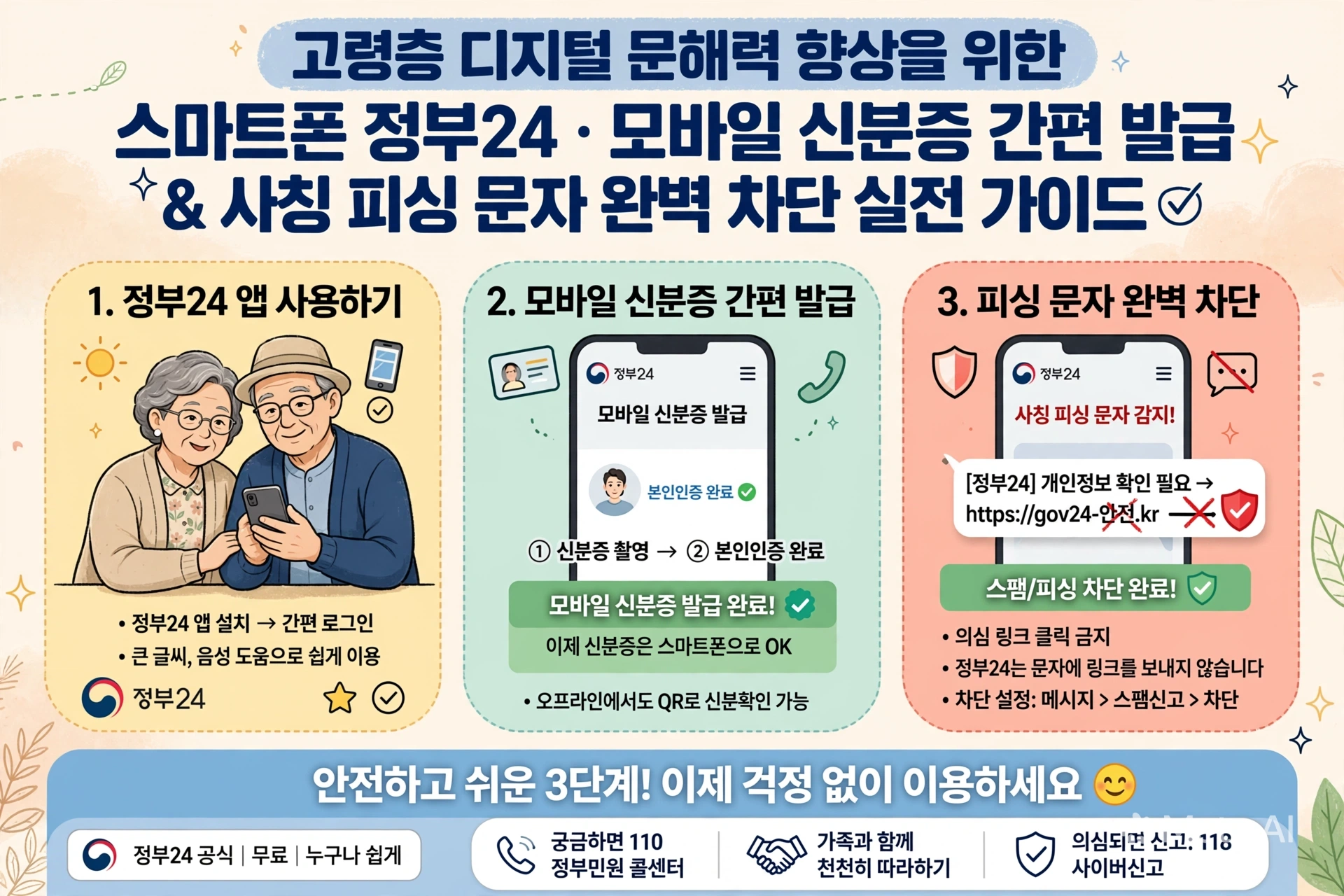 고령층 디지털 문해력 향상을 위한 스마트폰 정부24·모바일 신분증 간편 발급 및 사칭 피싱 문자 완벽 차단 실전 가이드 에대한 이미지